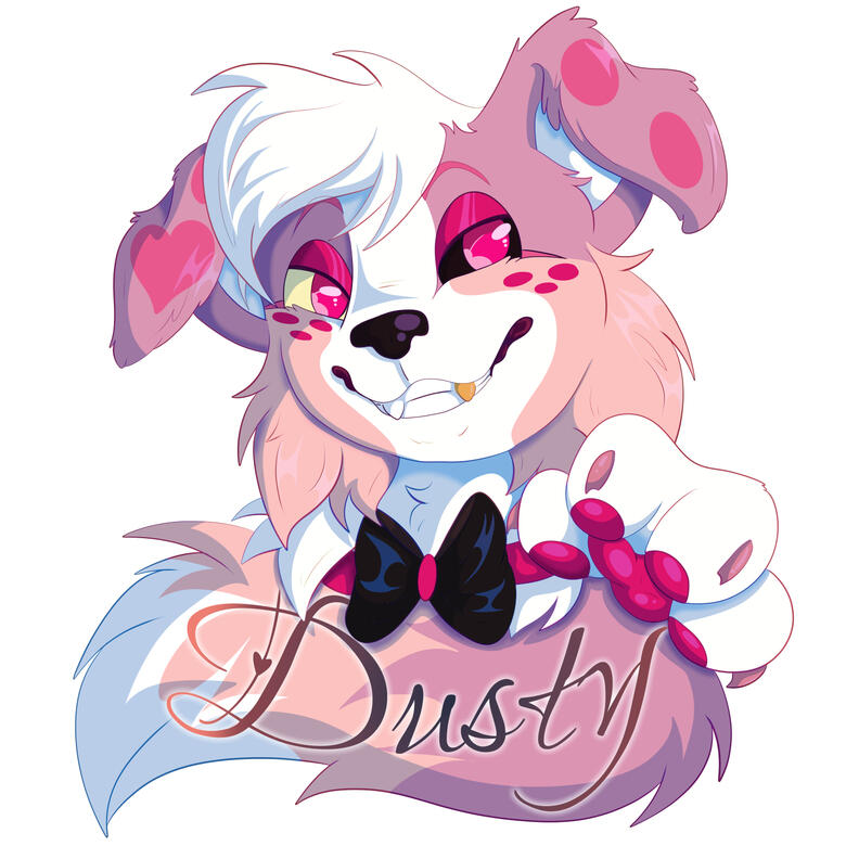 A ponk collie dog, he has a single gold tooth and a blackened eye. He wears a bow tie. A paw is raised with the name "Dusty" written over the tail.